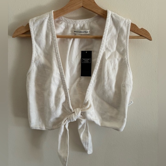 Abercrombie & Fitch Linen Blend Cream White Tie Front Crop Top XXS NWT - Picture 3 of 10
